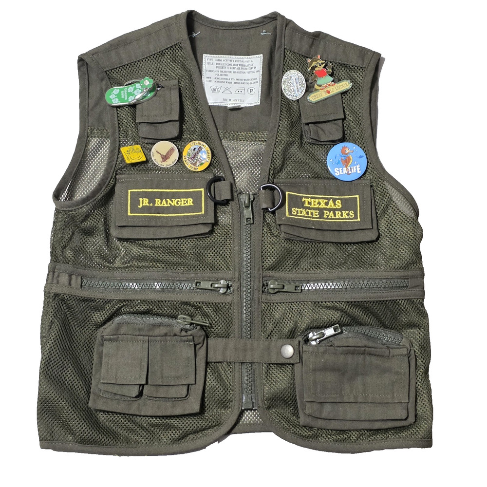 Kids Junior Ranger Activity Vest Size M Texas State Parks Pins & Arkansas Patch